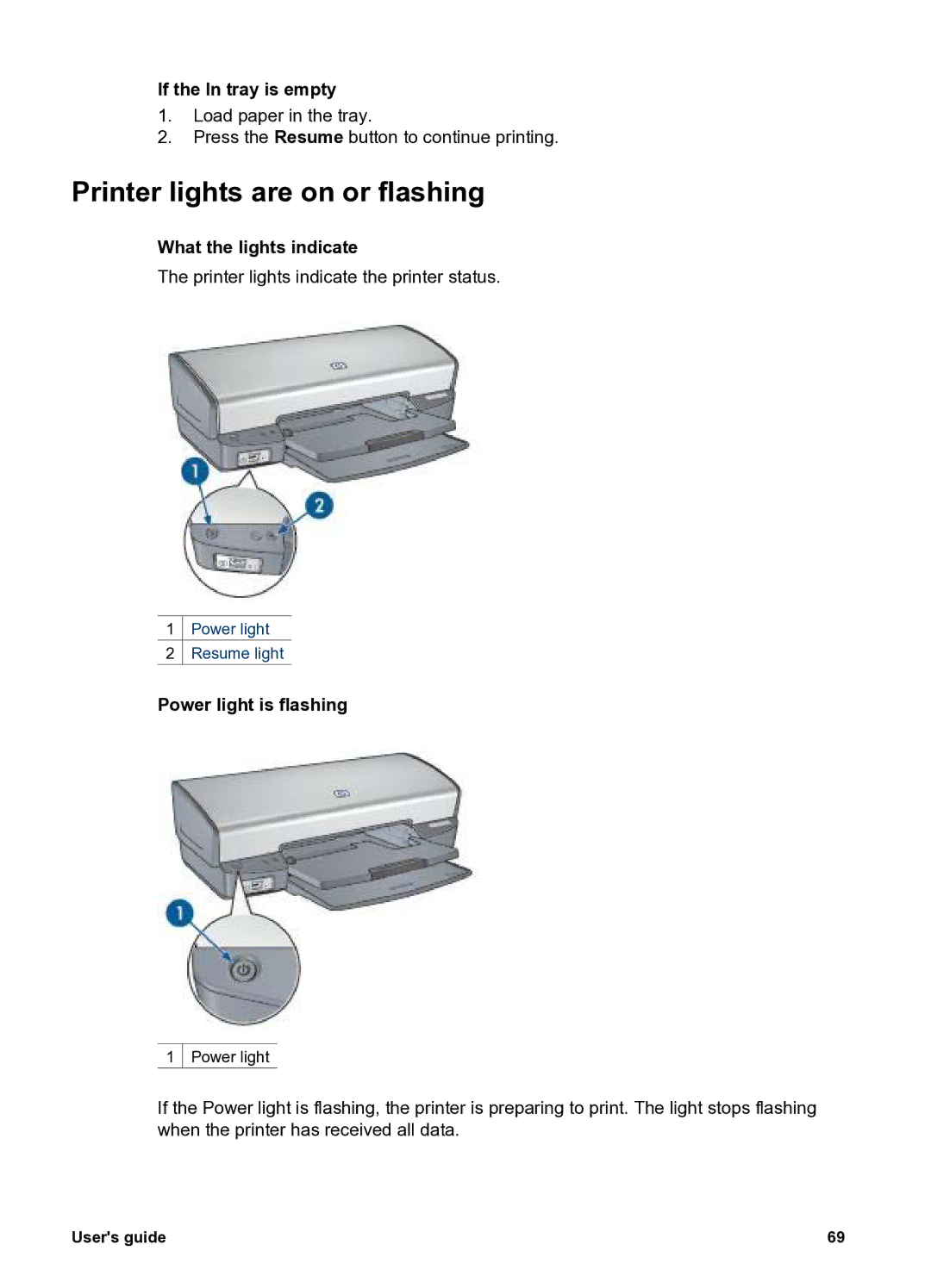 HP 5400 Printer lights are on or flashing, If the In tray is empty, What the lights indicate, Power light is flashing 