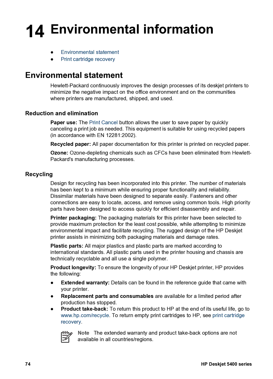 HP 5400 manual Environmental information, Environmental statement, Reduction and elimination, Recycling 