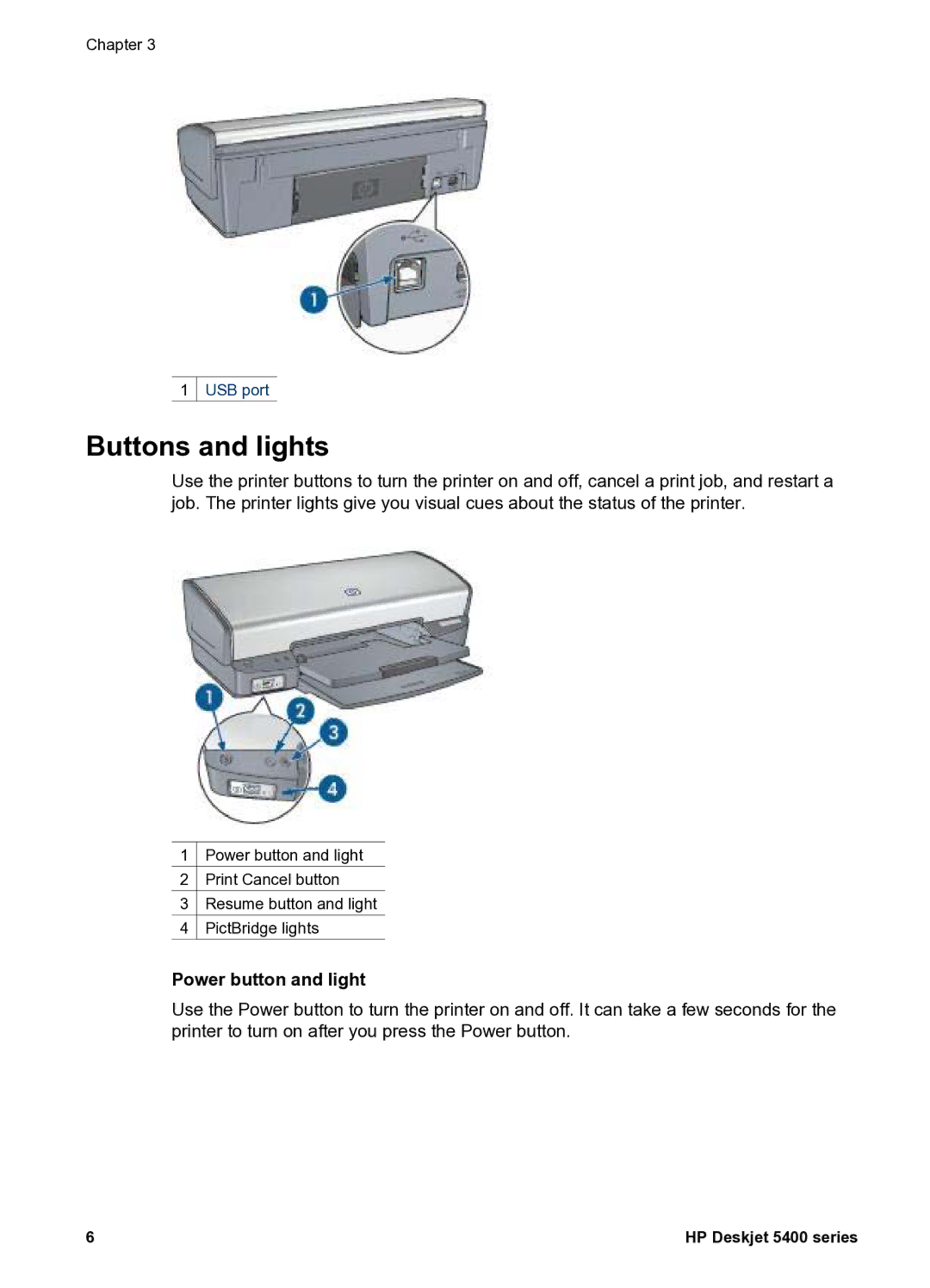 HP 5400 manual Buttons and lights, Power button and light 