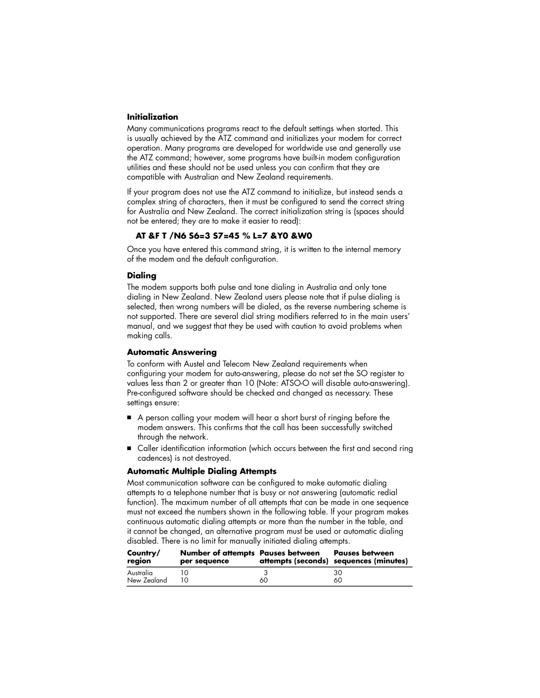 HP 564a (AP), 544a (AP), 504a (AP) manual Initialization, AT &F T /N6 S6=3 S7=45 % L=7 &Y0 &W0, Dialing, Automatic Answering 