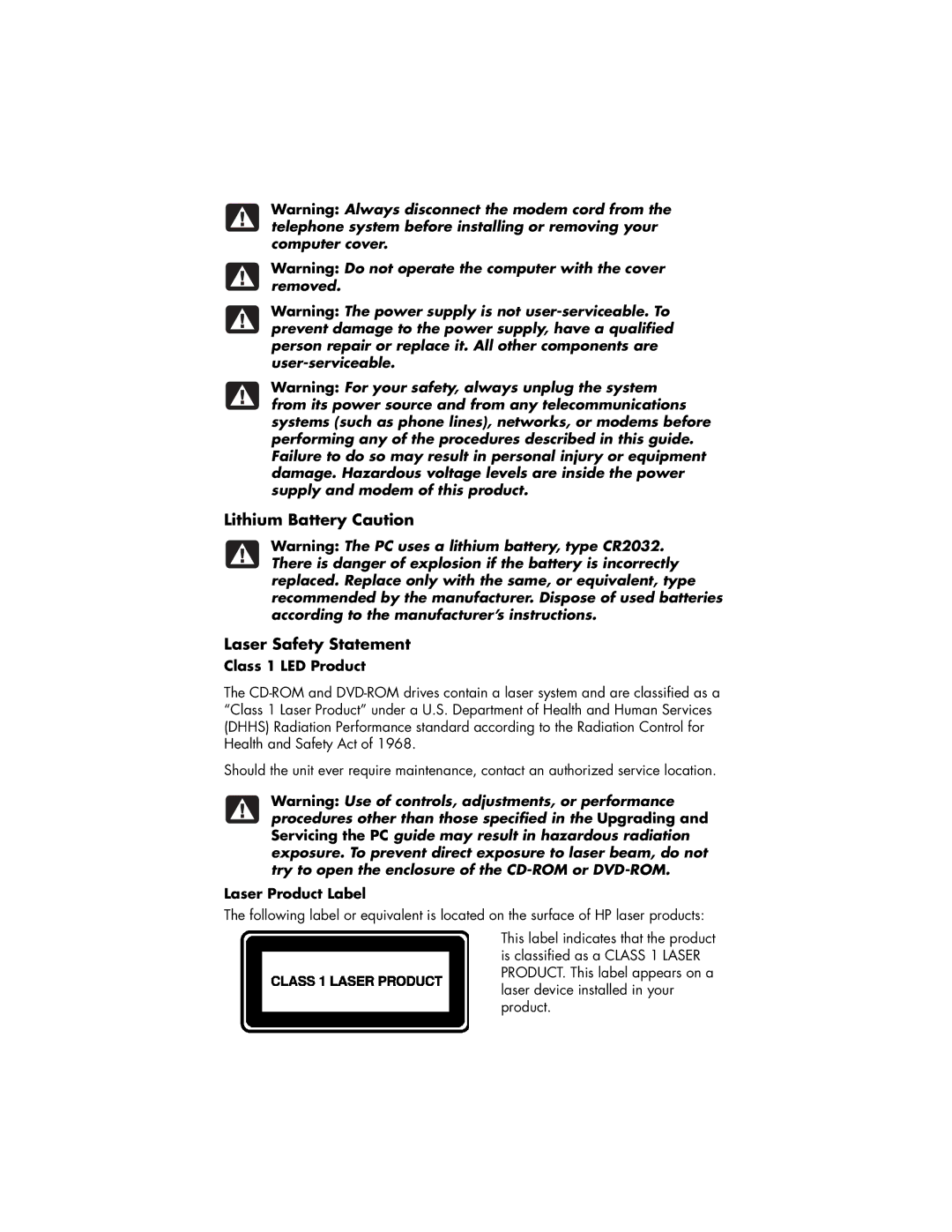 HP 544a (AP), 564a (AP), 504a (AP) Lithium Battery Caution Laser Safety Statement, Class 1 LED Product, Laser Product Label 