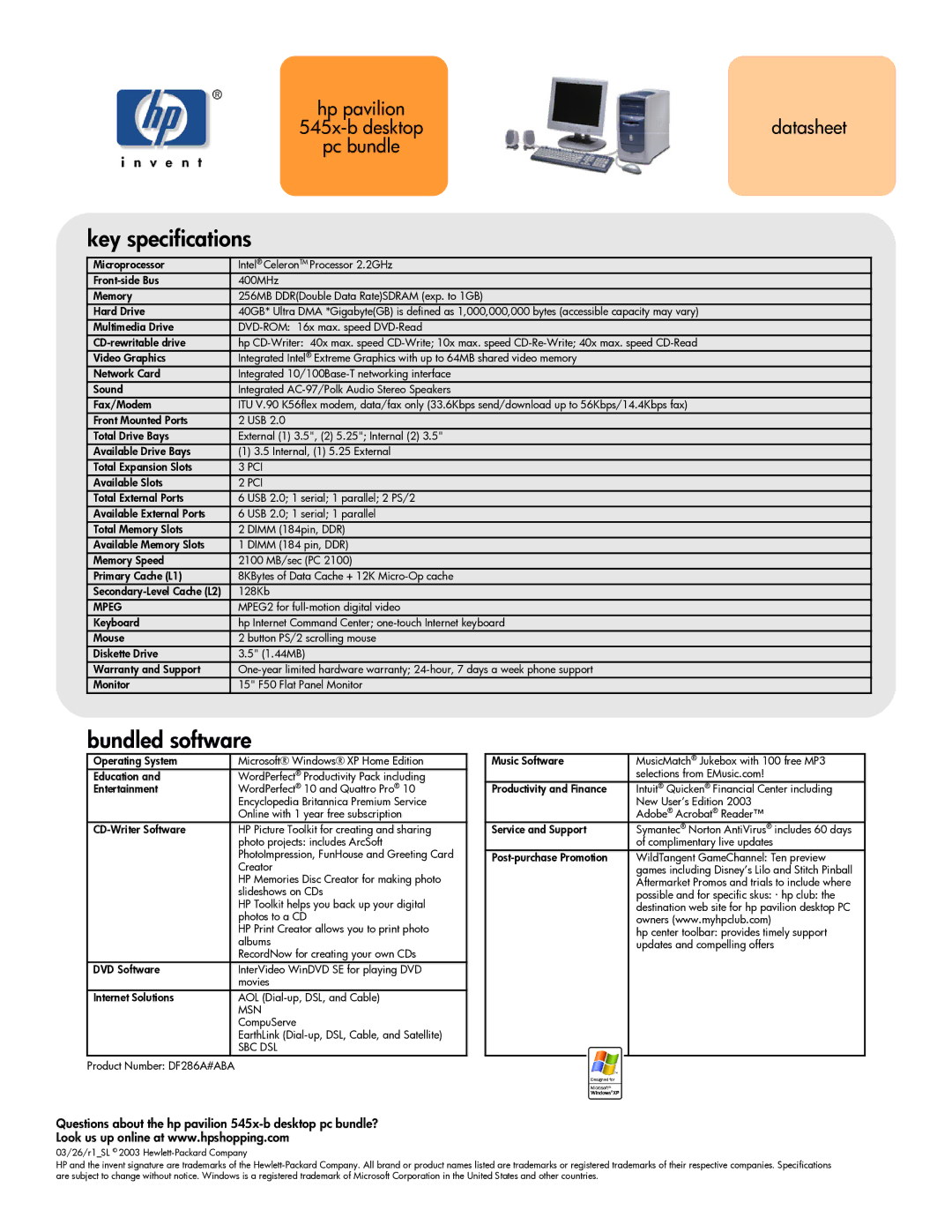 HP 545x (US/CAN) manual Key specifications, Bundled software, Questions about the hp pavilion 545x-b desktop pc bundle? 