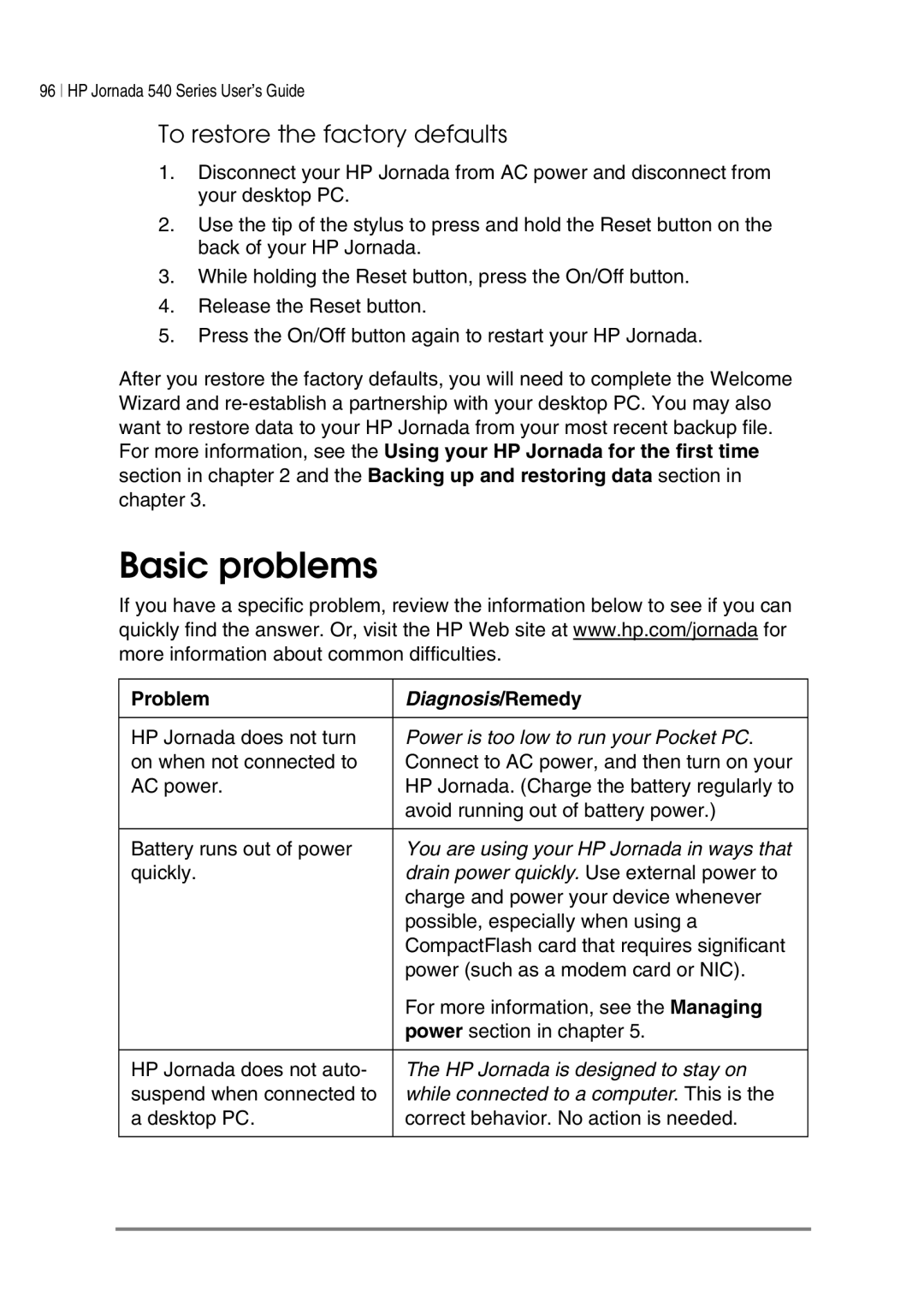 HP 548, 545, 547, 540 manual Basic problems, To restore the factory defaults, Problem 