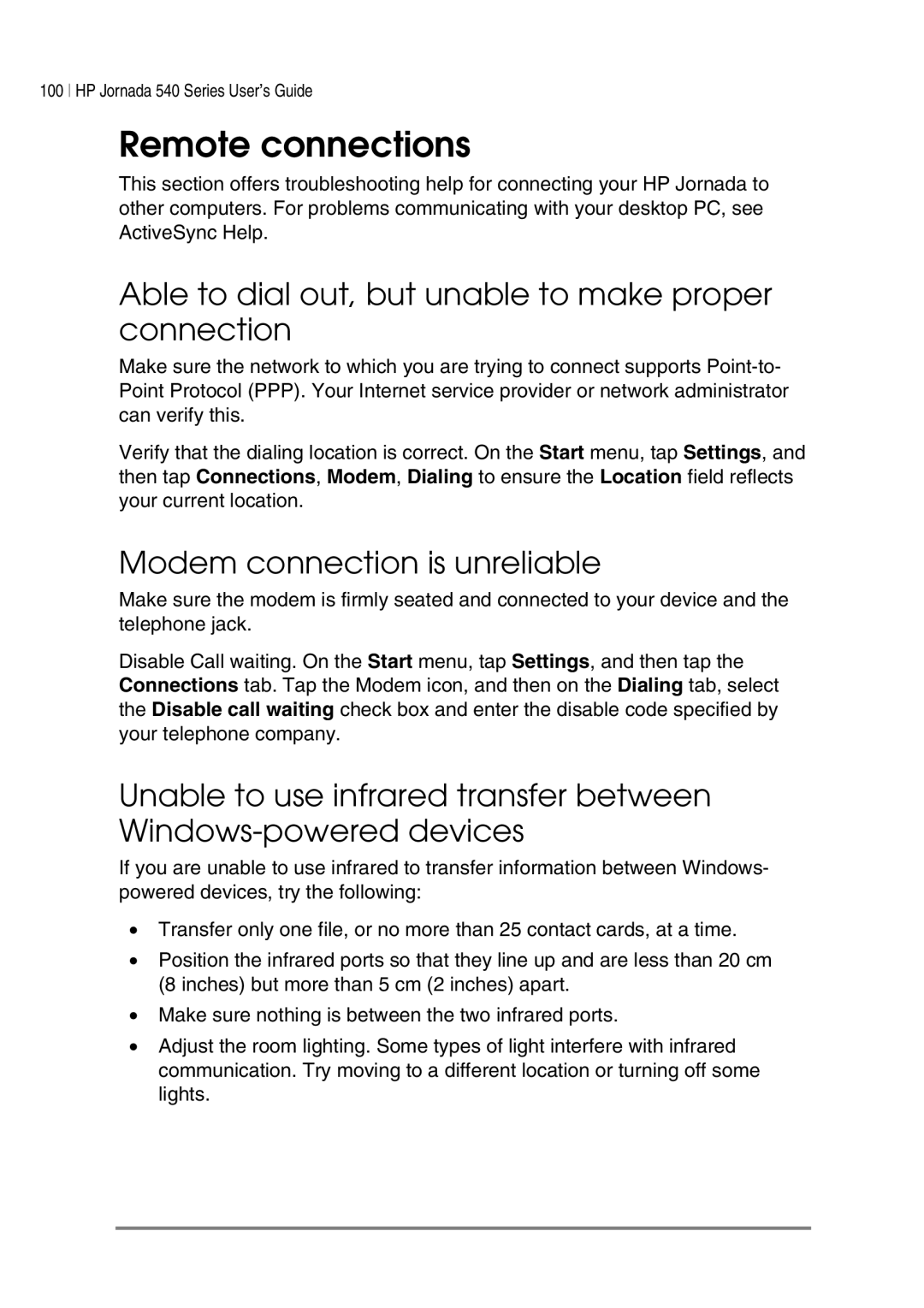 HP 548, 545, 547 Remote connections, Able to dial out, but unable to make proper connection, Modem connection is unreliable 