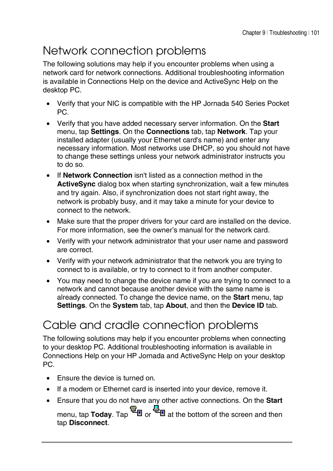 HP 545, 548, 547, 540 manual Network connection problems, Cable and cradle connection problems 