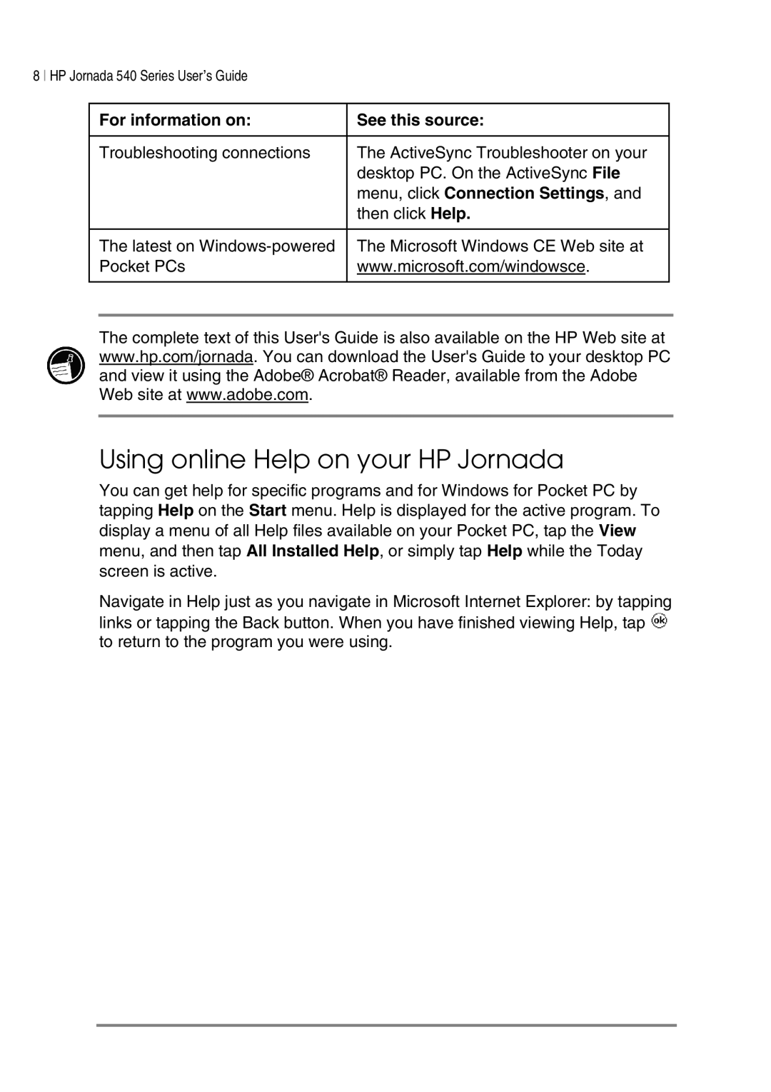 HP 548, 545, 547, 540 manual Using online Help on your HP Jornada, Menu, click Connection Settings 