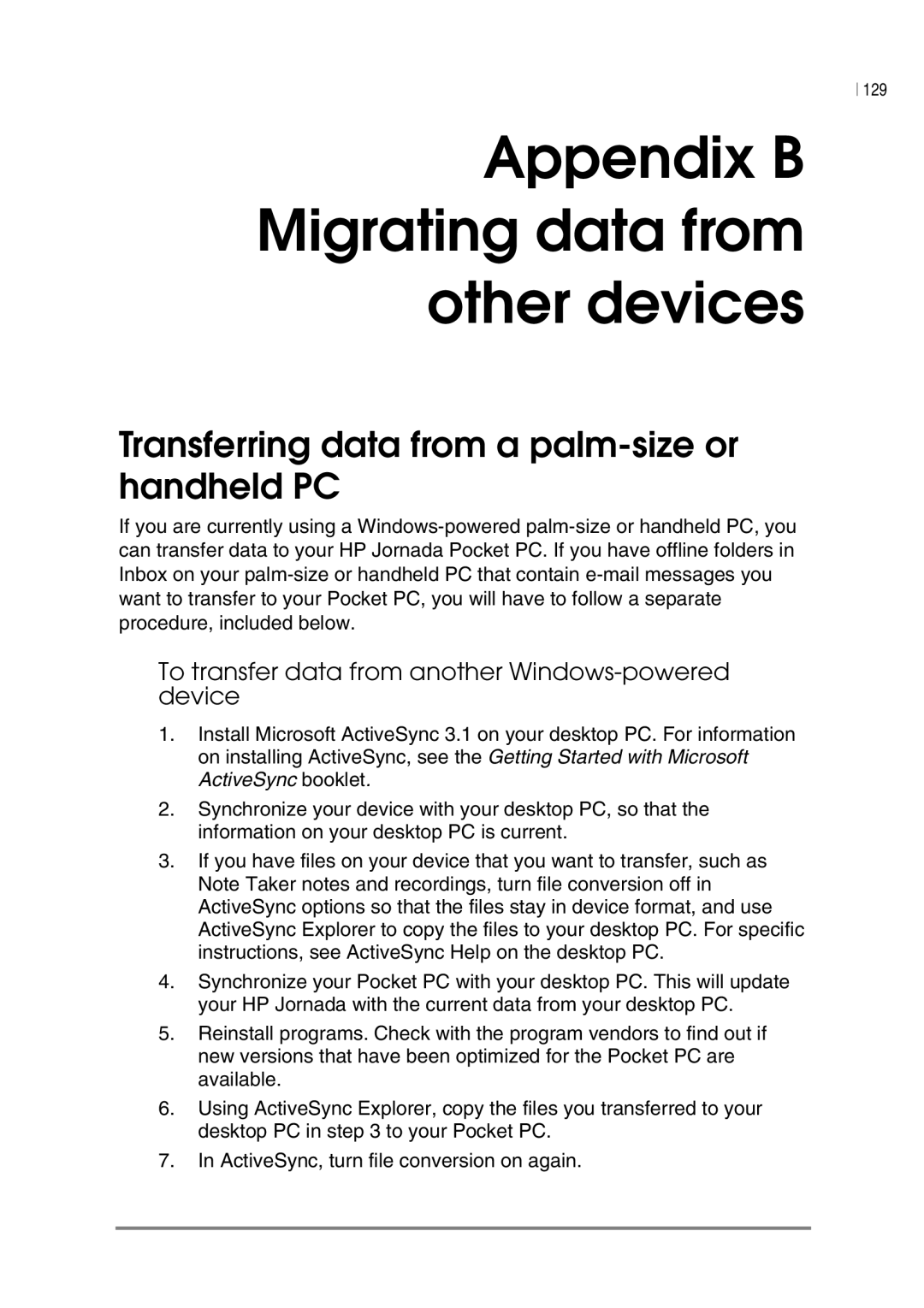 HP 545, 548, 547, 540 manual Appendix B Migrating data from other devices, Transferring data from a palm-size or handheld PC 