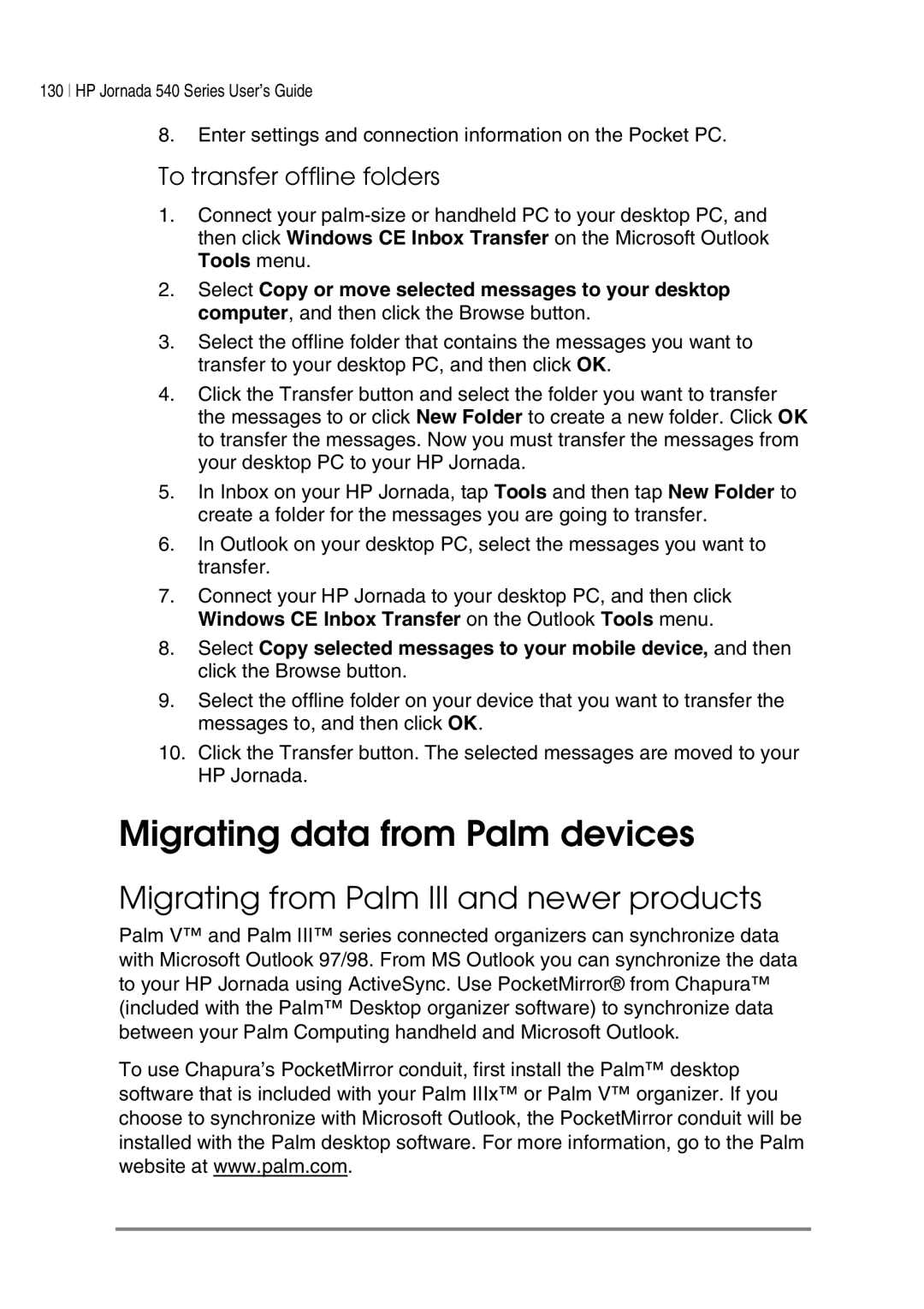 HP 547, 548, 545 Migrating data from Palm devices, Migrating from Palm III and newer products, To transfer offline folders 