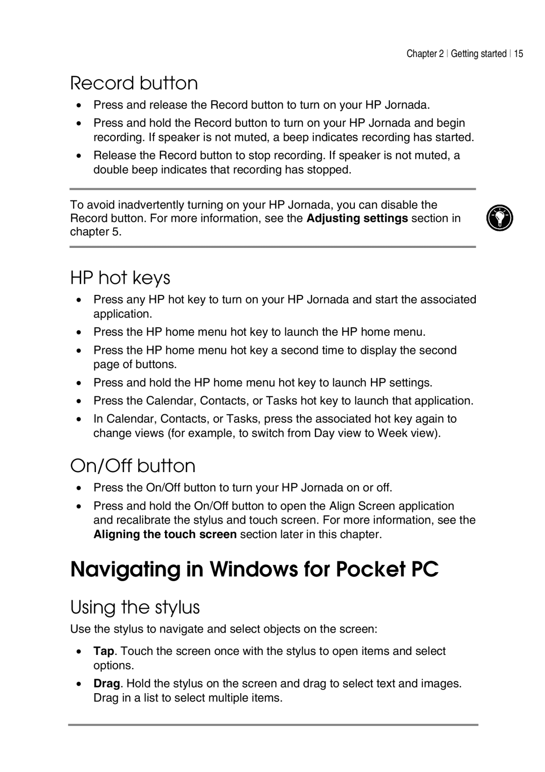 HP 540, 548, 545, 547 manual Navigating in Windows for Pocket PC, Record button, HP hot keys, On/Off button, Using the stylus 