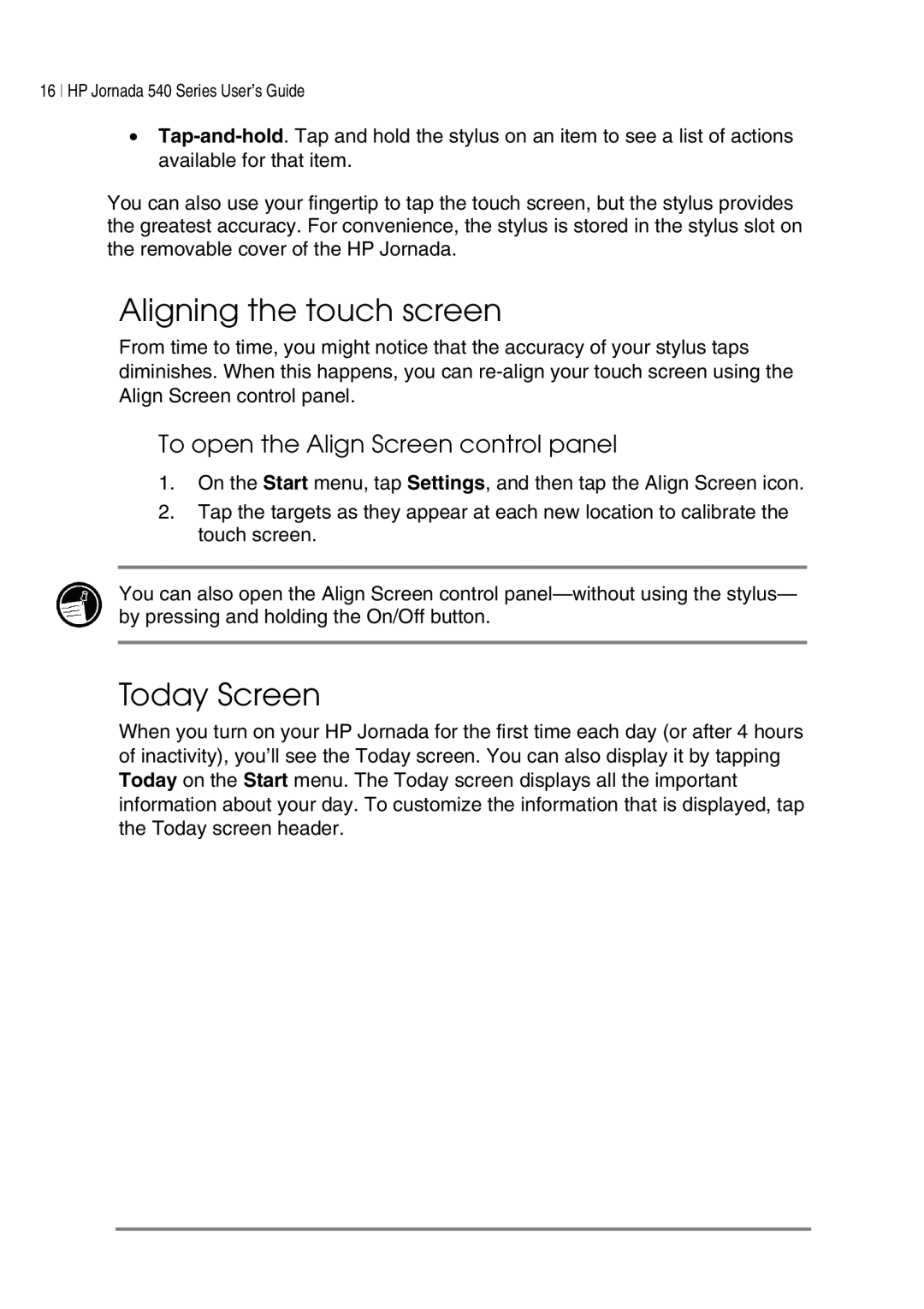 HP 548, 545, 547, 540 manual Aligning the touch screen, Today Screen, To open the Align Screen control panel 