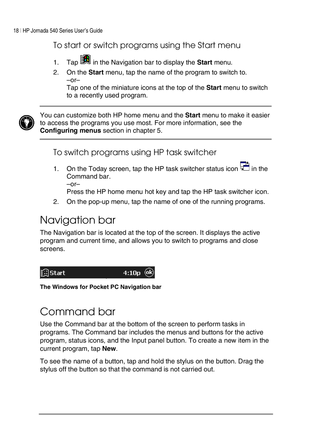 HP 547, 548, 545, 540 manual Navigation bar, Command bar, To start or switch programs using the Start menu 