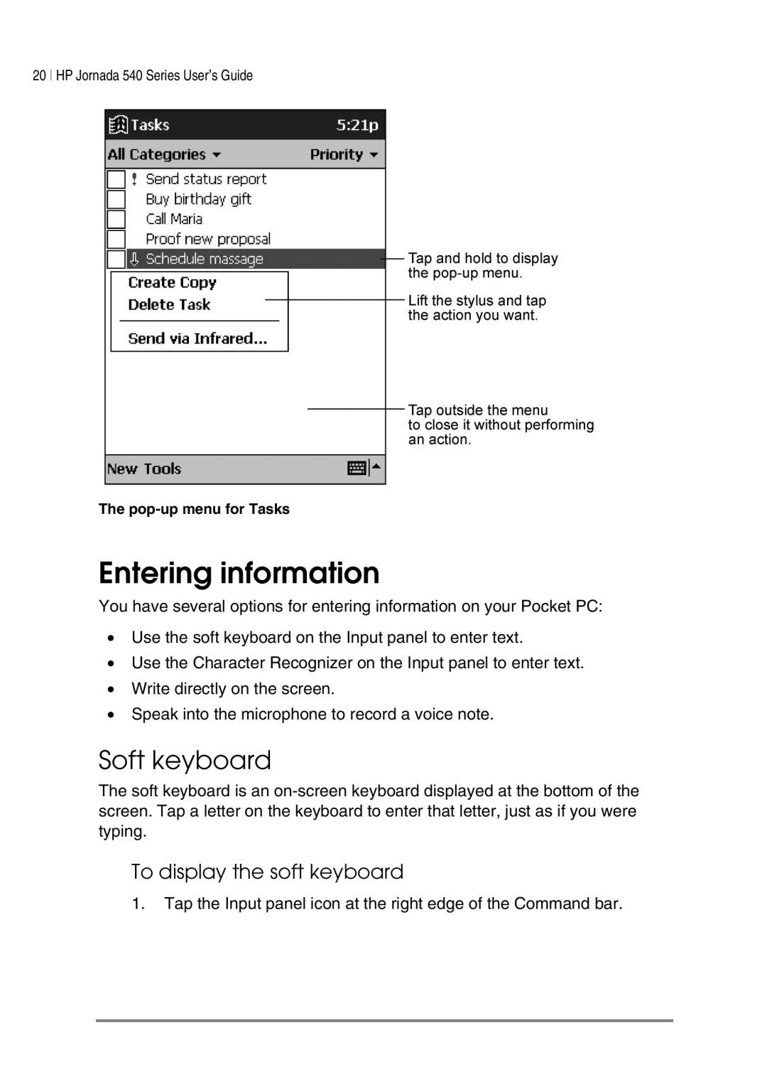 HP 548, 545, 547, 540 manual Entering information, Soft keyboard, To display the soft keyboard 