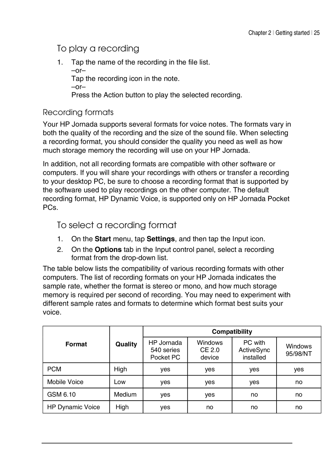 HP 545, 548, 547, 540 manual To play a recording, To select a recording format, Recording formats 