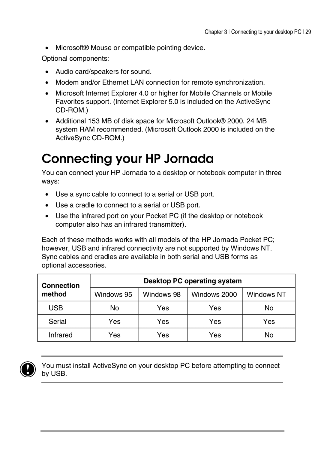 HP 545, 548, 547, 540 manual Connecting your HP Jornada, Connection Desktop PC operating system Method 