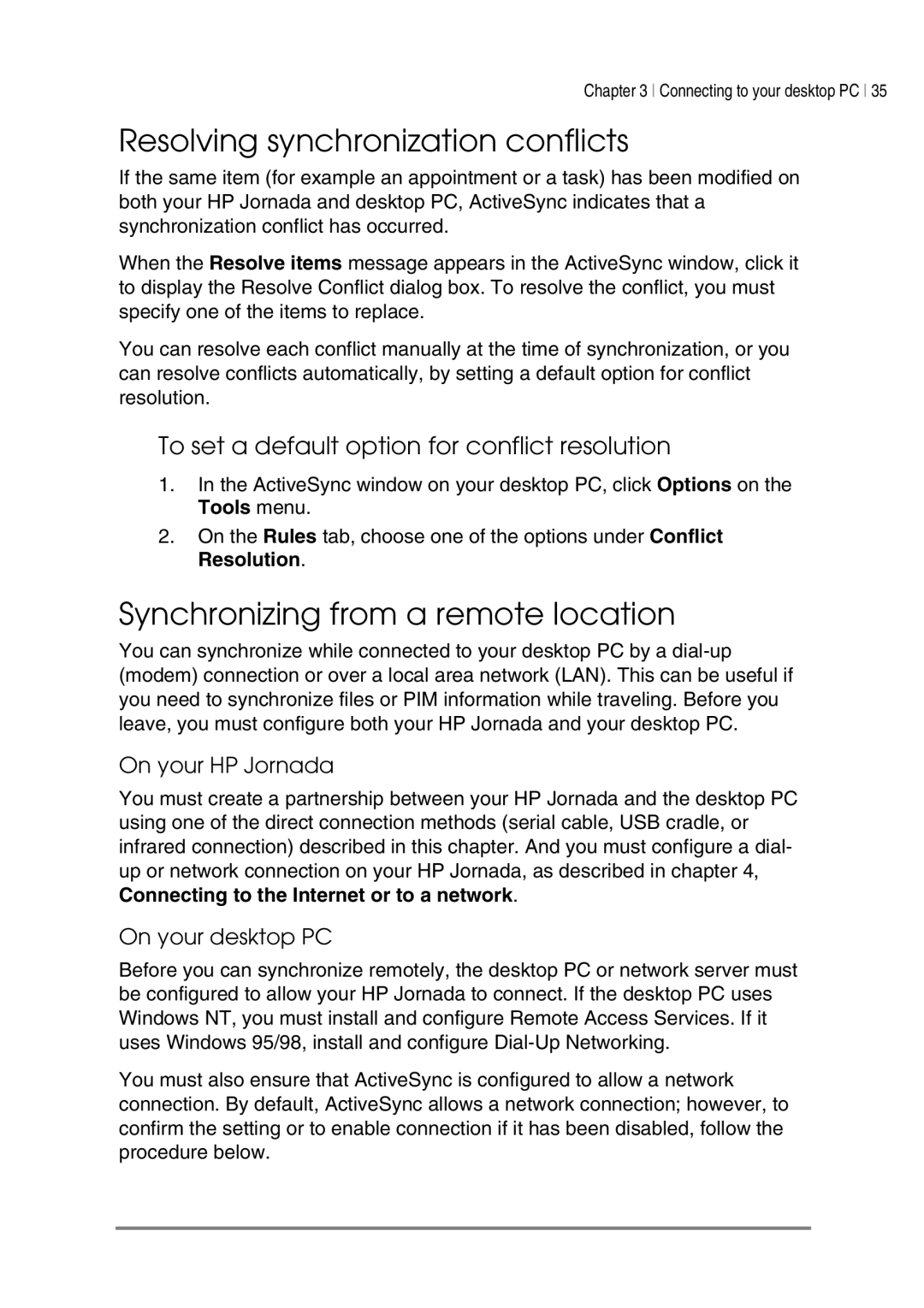 HP 540 Resolving synchronization conflicts, Synchronizing from a remote location, On your HP Jornada, On your desktop PC 