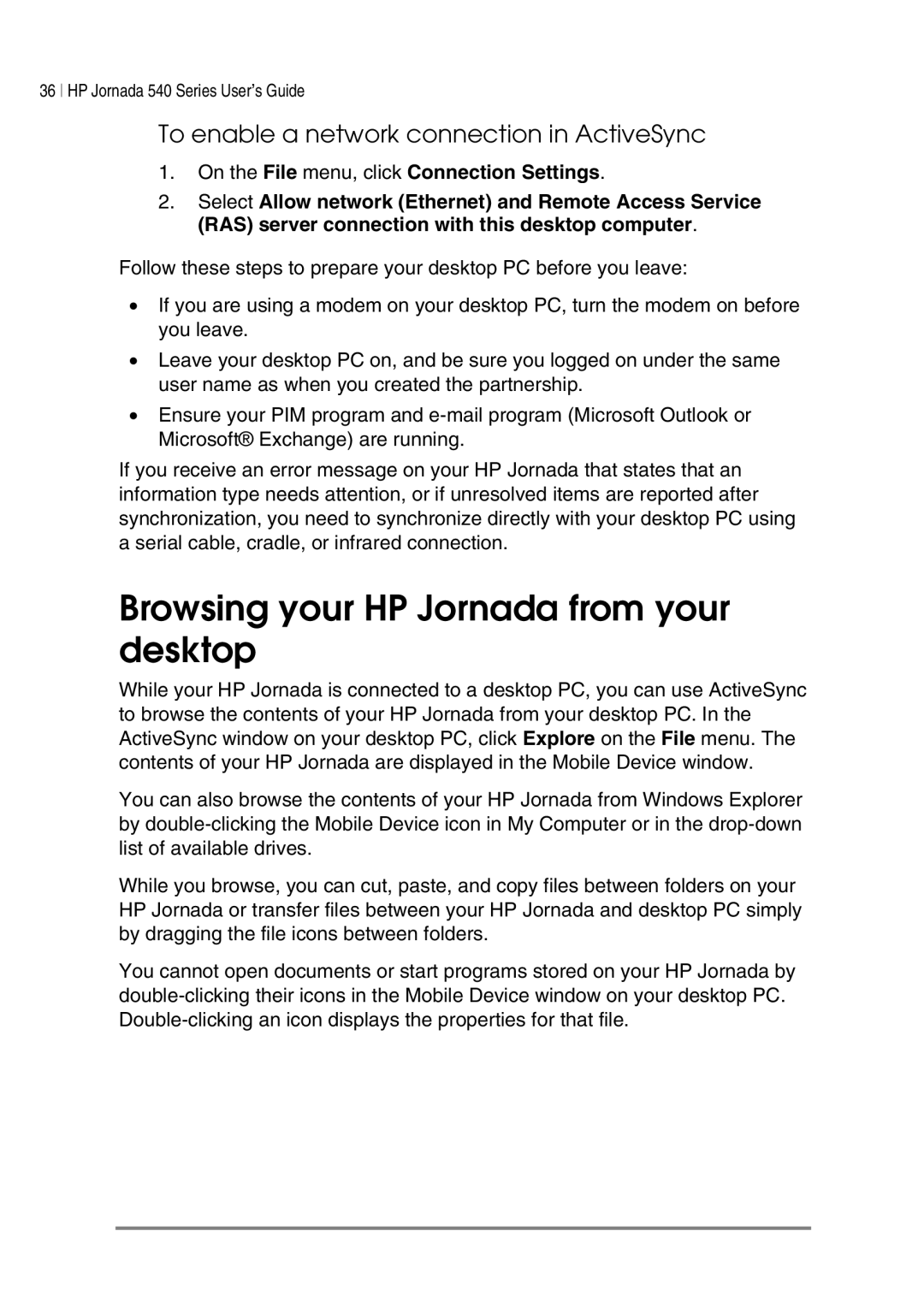 HP 548, 545, 547, 540 manual Browsing your HP Jornada from your desktop, To enable a network connection in ActiveSync 