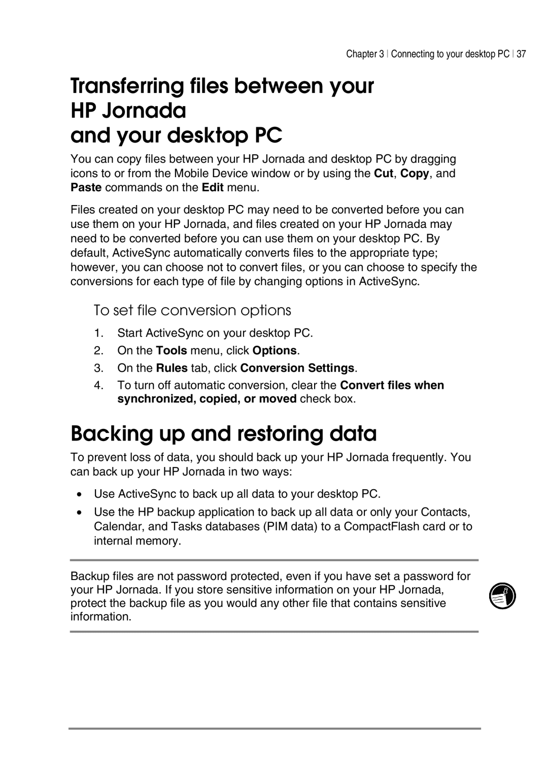 HP 545, 548, 547, 540 manual Transferring files between your HP Jornada Your desktop PC, Backing up and restoring data 