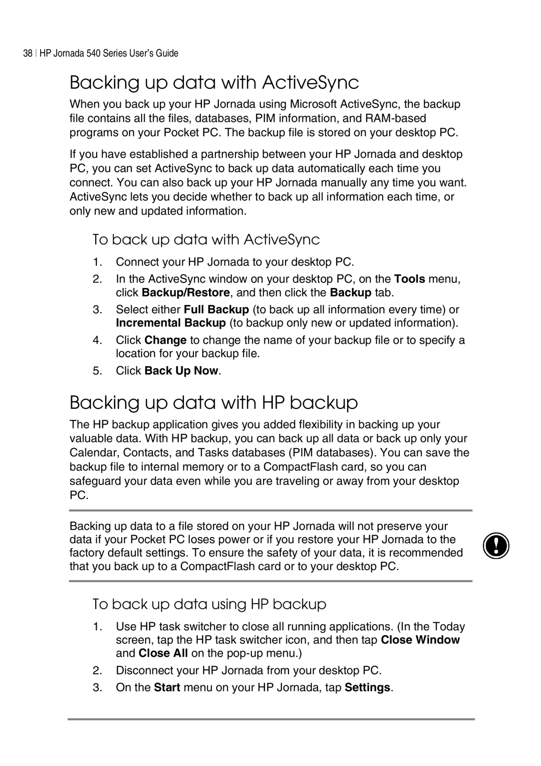 HP 547 Backing up data with ActiveSync, Backing up data with HP backup, To back up data with ActiveSync, Click Back Up Now 