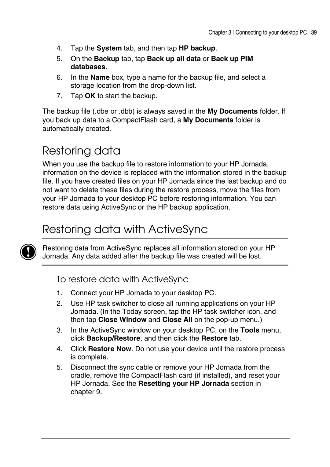 HP 540, 548, 545, 547 manual Restoring data with ActiveSync, To restore data with ActiveSync 