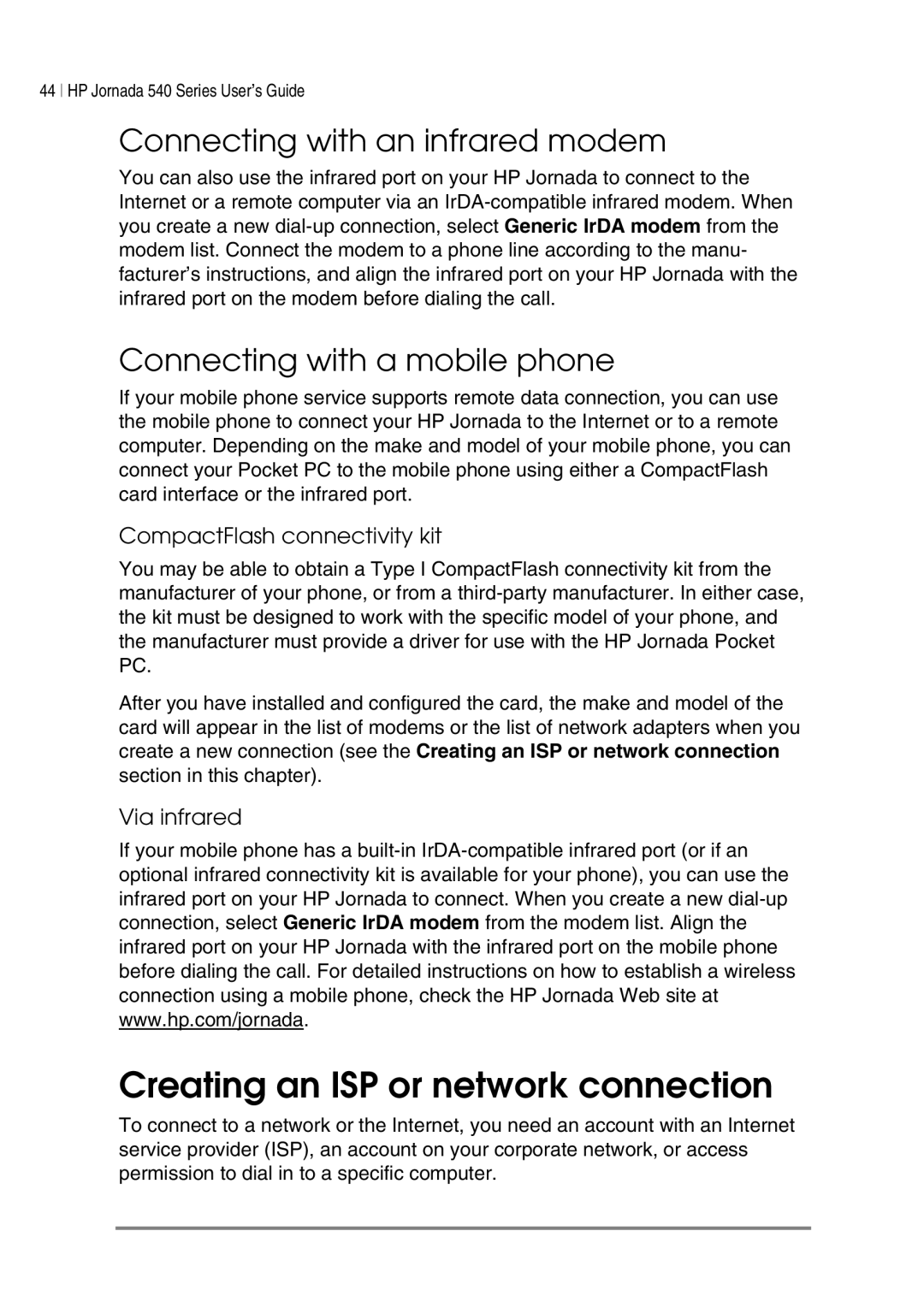 HP 548, 545, 547 Creating an ISP or network connection, Connecting with an infrared modem, Connecting with a mobile phone 