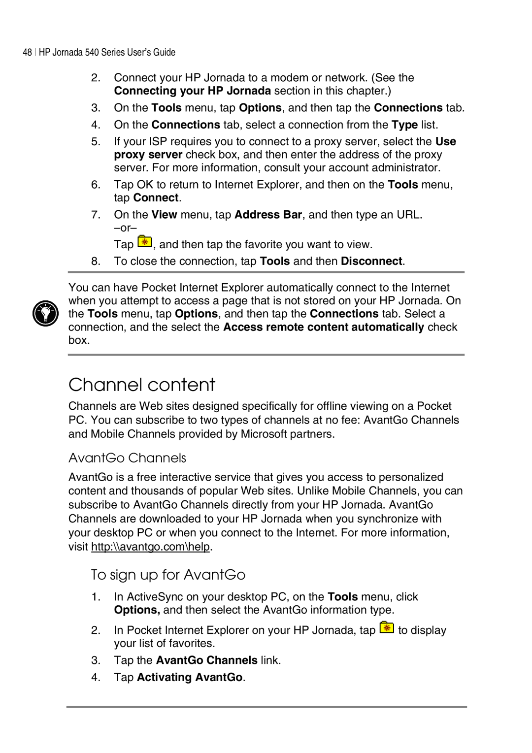 HP 548, 545, 547, 540 manual Channel content, To sign up for AvantGo, Tap the AvantGo Channels link Tap Activating AvantGo 