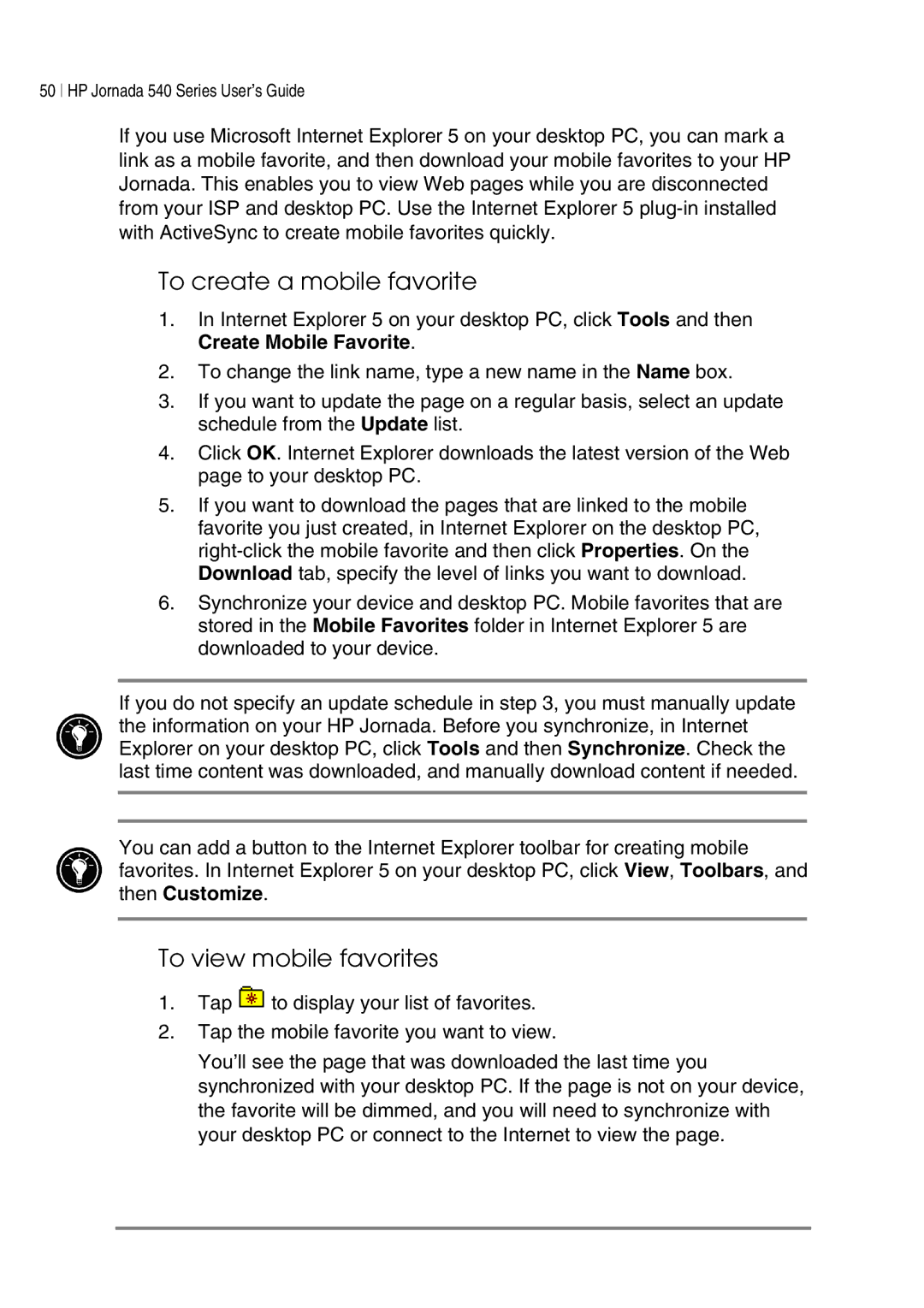 HP 547, 548, 545, 540 manual To create a mobile favorite, To view mobile favorites 