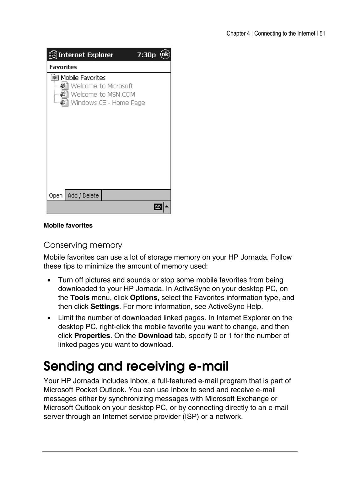 HP 540, 548, 545, 547 manual Sending and receiving e-mail, Conserving memory 