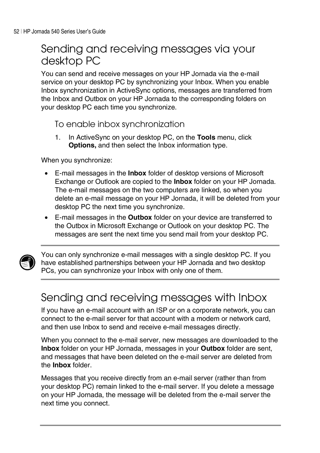 HP 548, 545, 547, 540 manual Sending and receiving messages via your desktop PC, Sending and receiving messages with Inbox 