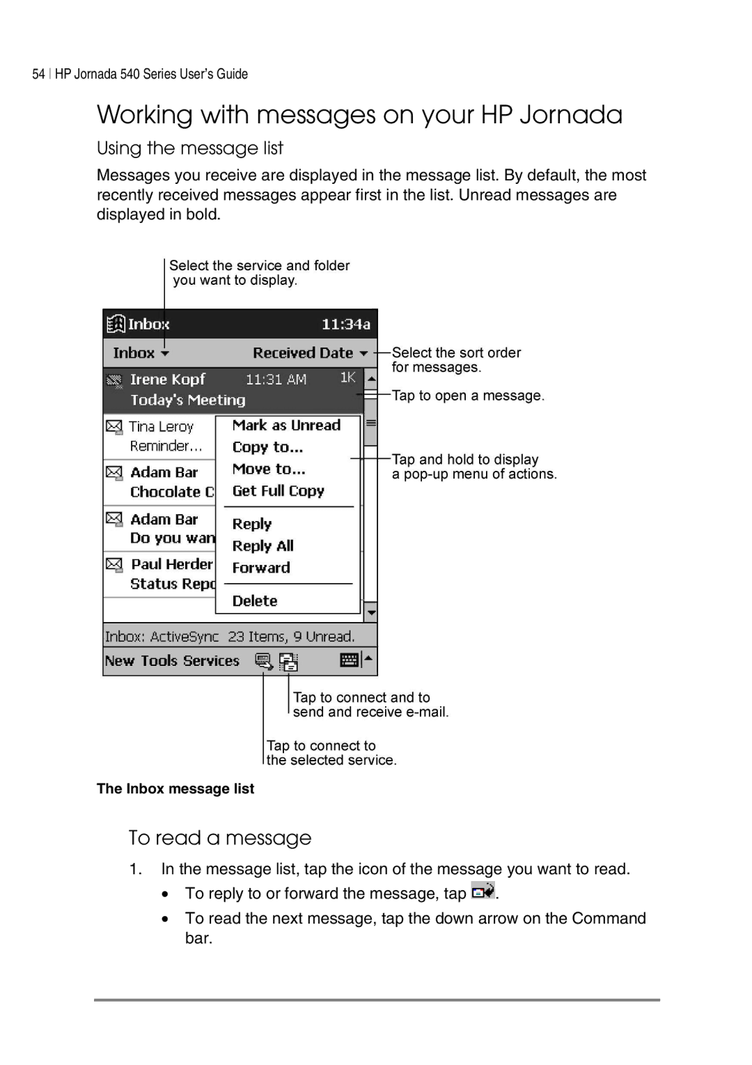 HP 547, 548, 545, 540 manual Working with messages on your HP Jornada, To read a message, Using the message list 