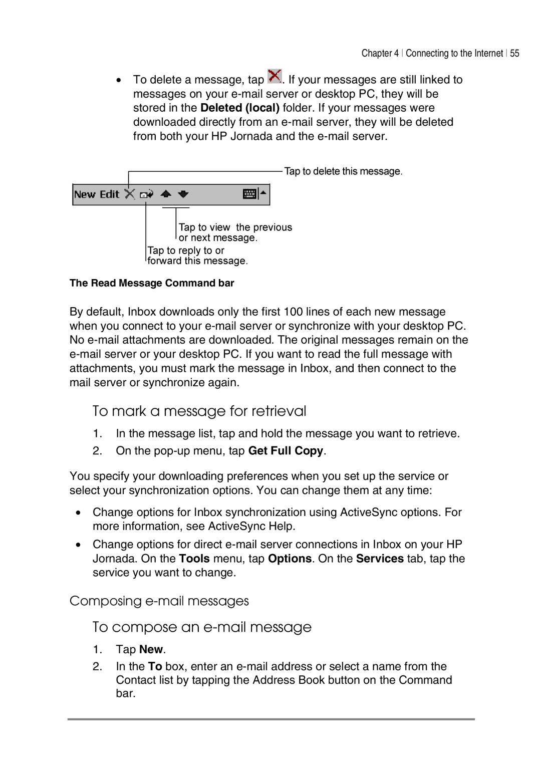 HP 540, 548, 545, 547 manual To mark a message for retrieval, To compose an e-mail message, Composing e-mail messages 