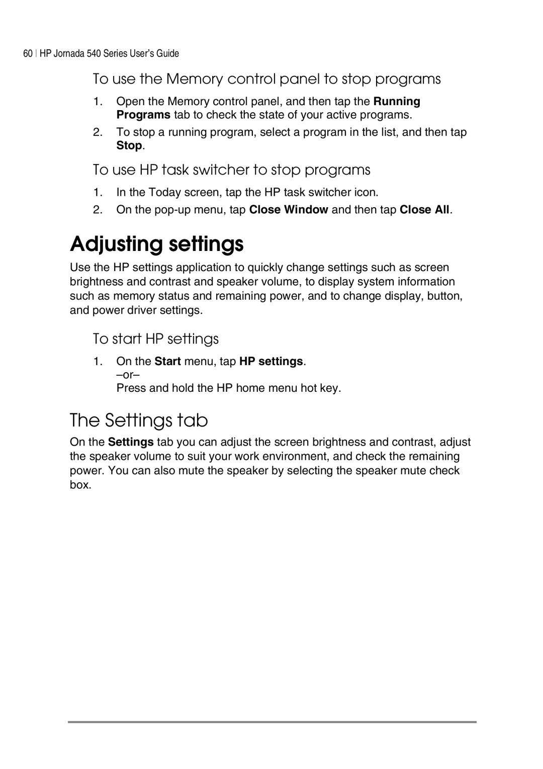 HP 548, 545, 547 Adjusting settings, Settings tab, To use the Memory control panel to stop programs, To start HP settings 