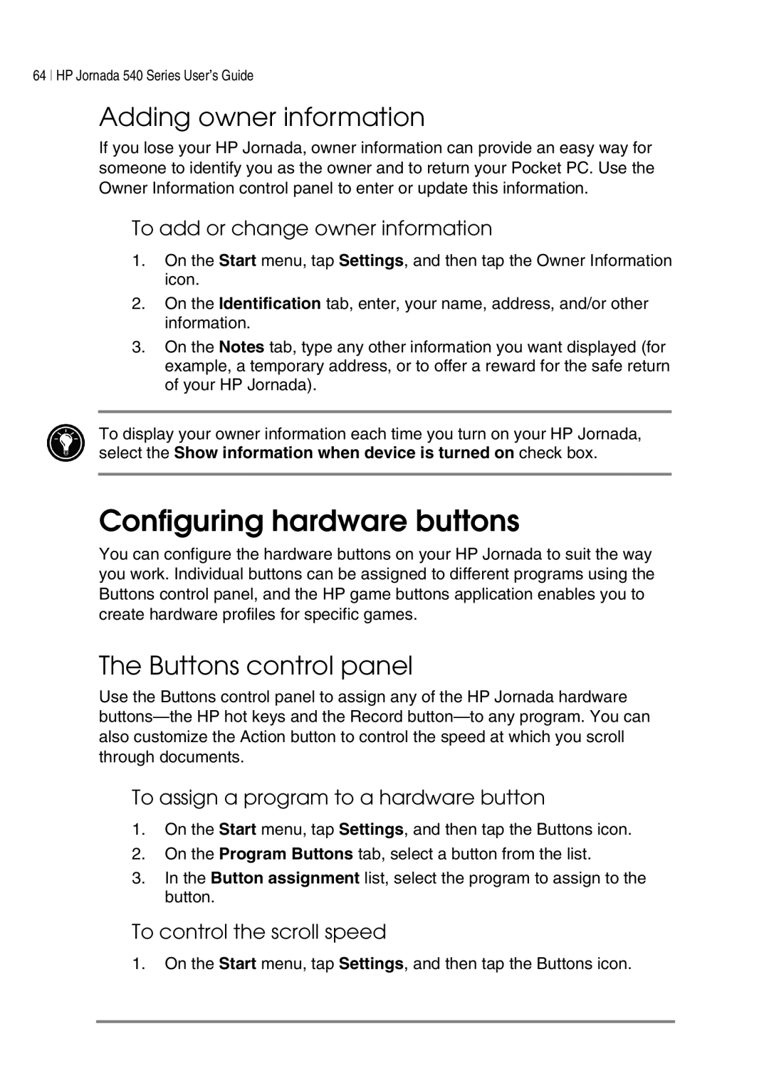 HP 548, 545, 547, 540 manual Configuring hardware buttons, Adding owner information, Buttons control panel 