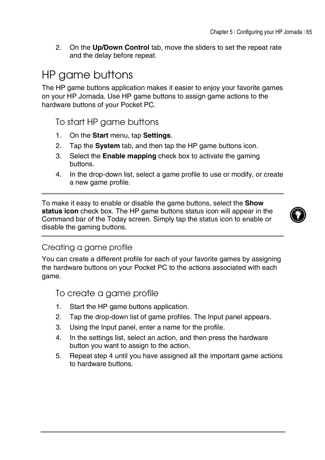 HP 545, 548, 547, 540 manual To start HP game buttons, To create a game profile, Creating a game profile 