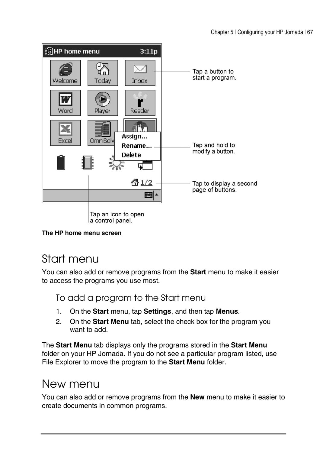 HP 540, 548, 545, 547 manual New menu, To add a program to the Start menu 