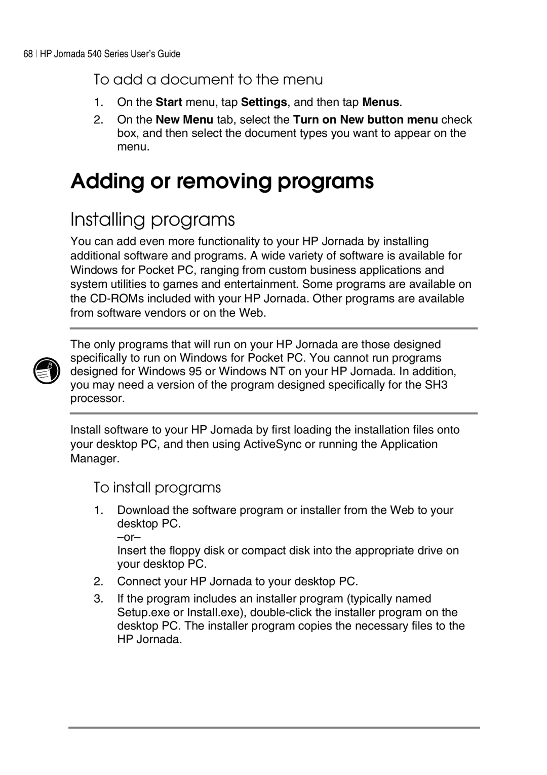 HP 548, 545, 547, 540 Adding or removing programs, Installing programs, To add a document to the menu, To install programs 