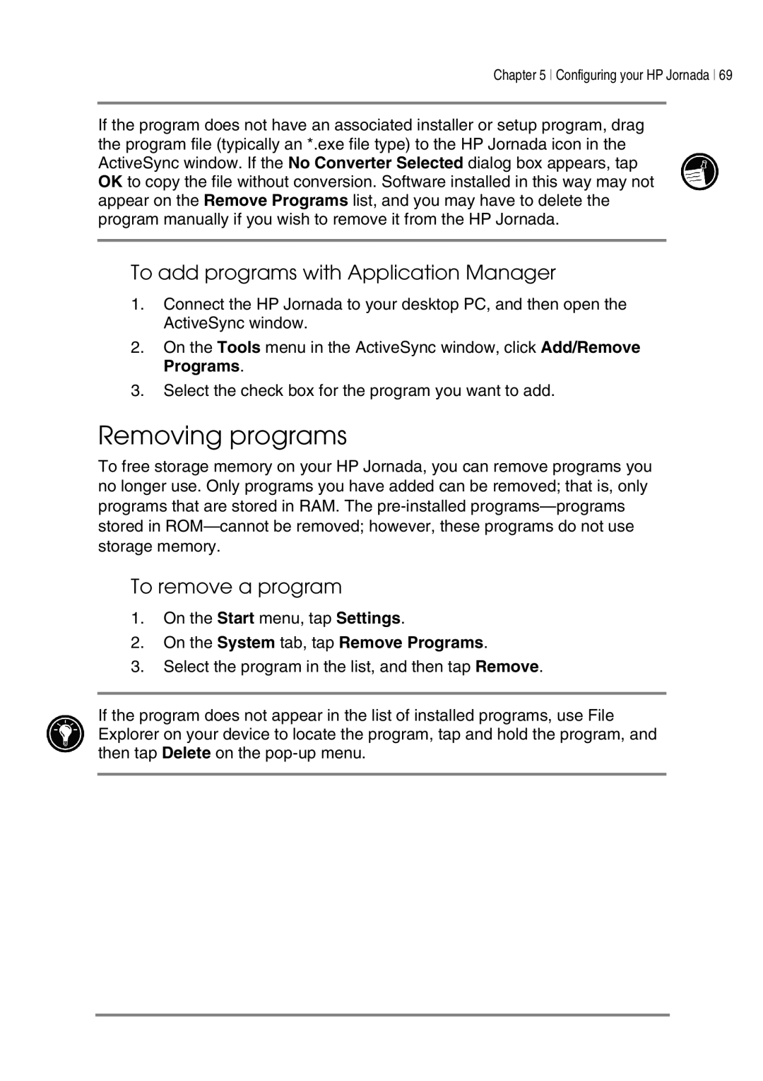 HP 545, 548, 547, 540 manual Removing programs, To add programs with Application Manager, To remove a program 