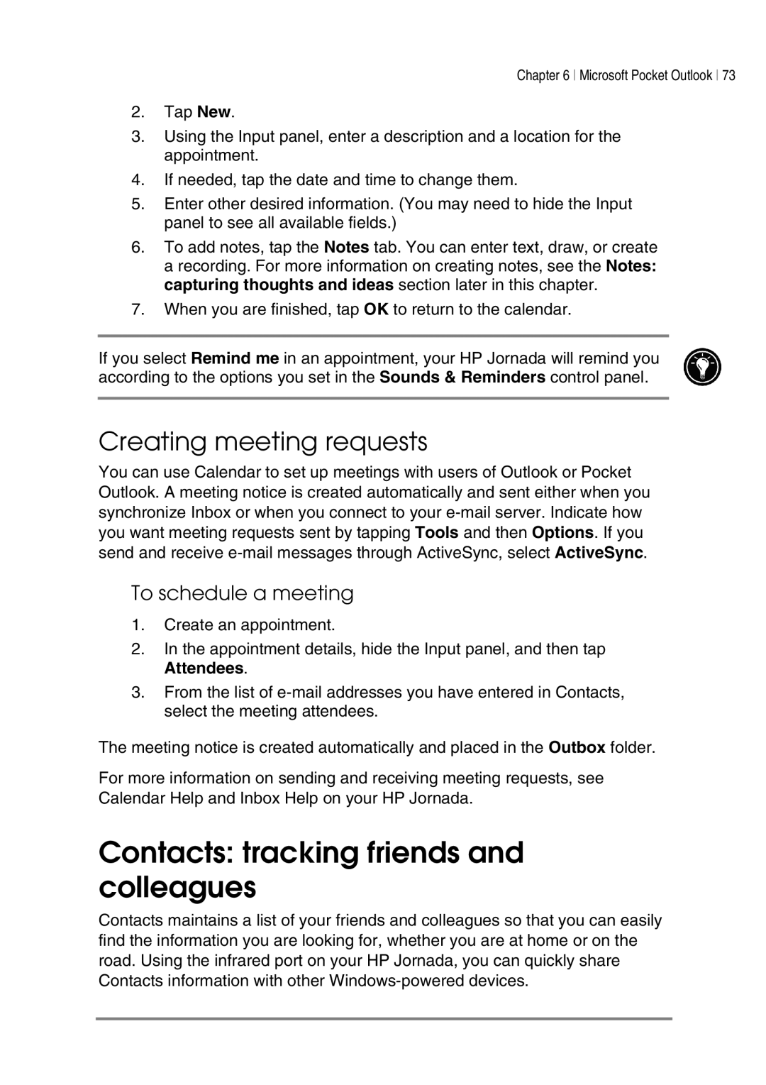 HP 545, 548, 547, 540 manual Contacts tracking friends and colleagues, Creating meeting requests, To schedule a meeting 