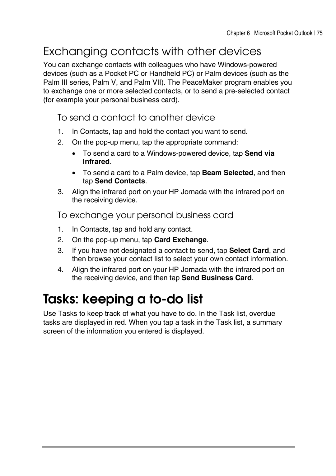 HP 540, 548, 545 Tasks keeping a to-do list, Exchanging contacts with other devices, To send a contact to another device 