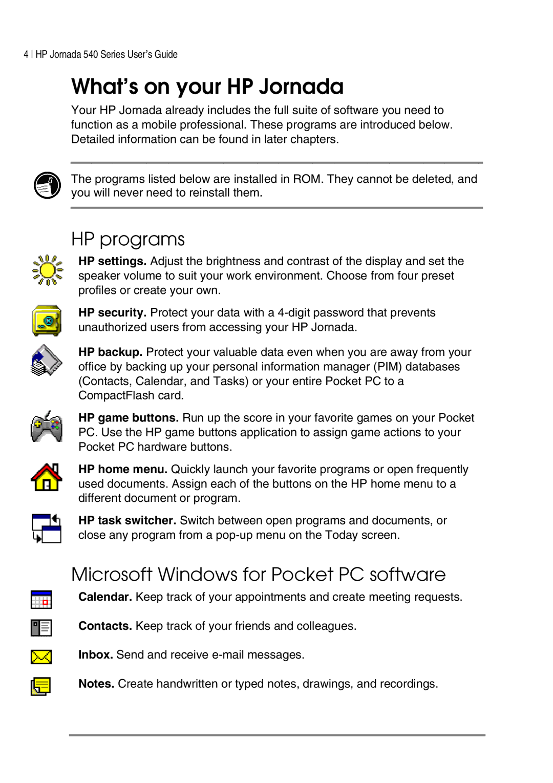 HP 548, 545, 547, 540 manual What’s on your HP Jornada, HP programs, Microsoft Windows for Pocket PC software 