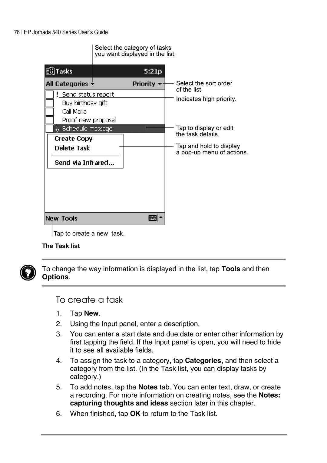 HP 548, 545, 547, 540 manual To create a task 