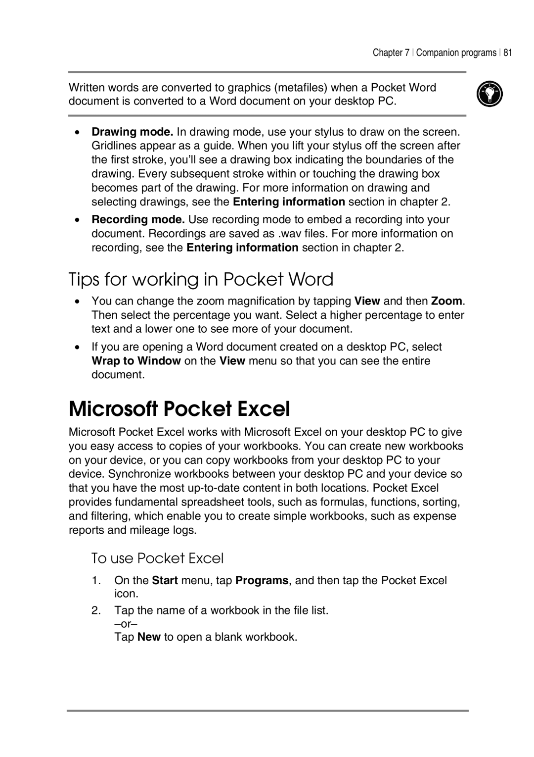 HP 545, 548, 547, 540 manual Microsoft Pocket Excel, Tips for working in Pocket Word, To use Pocket Excel 