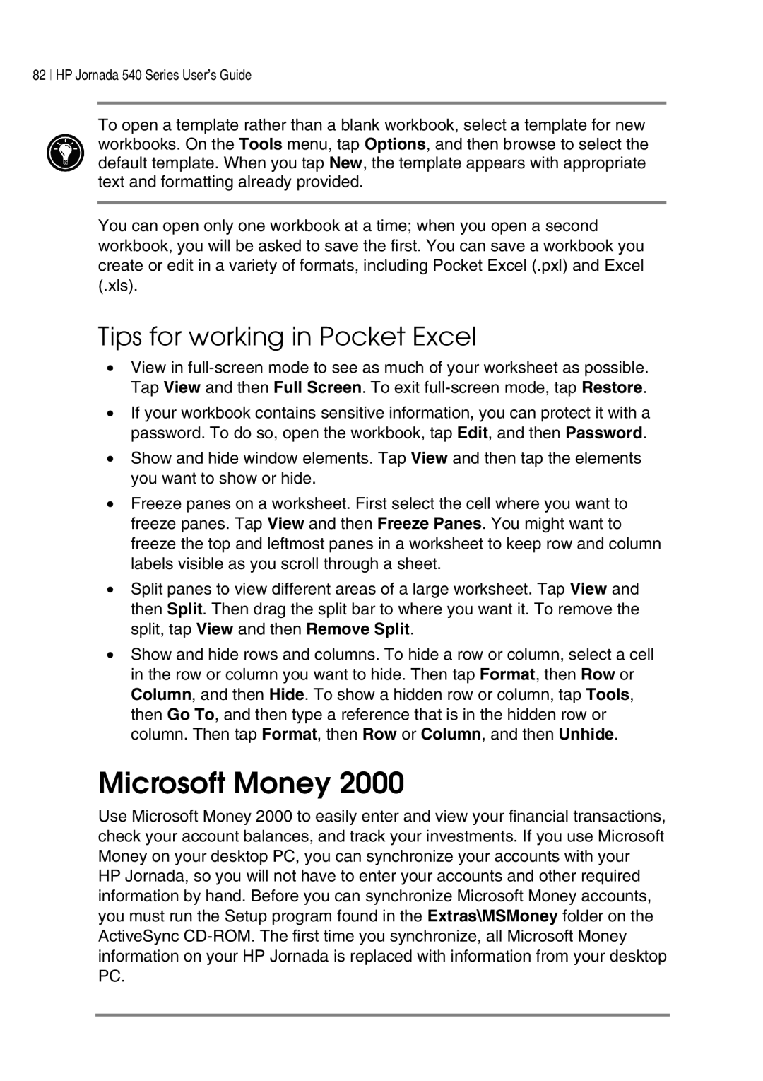 HP 547, 548, 545, 540 manual Microsoft Money, Tips for working in Pocket Excel 