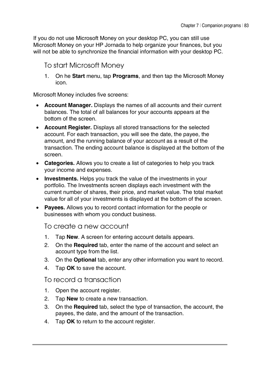 HP 540, 548, 545, 547 manual To start Microsoft Money, To create a new account, To record a transaction 