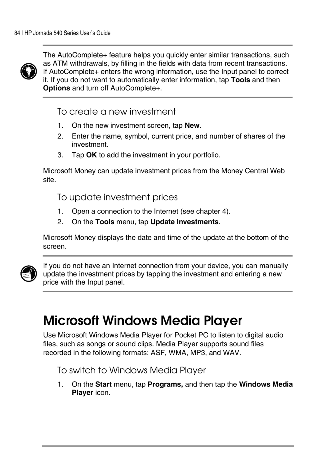 HP 548, 545, 547, 540 manual Microsoft Windows Media Player, To create a new investment, To update investment prices 