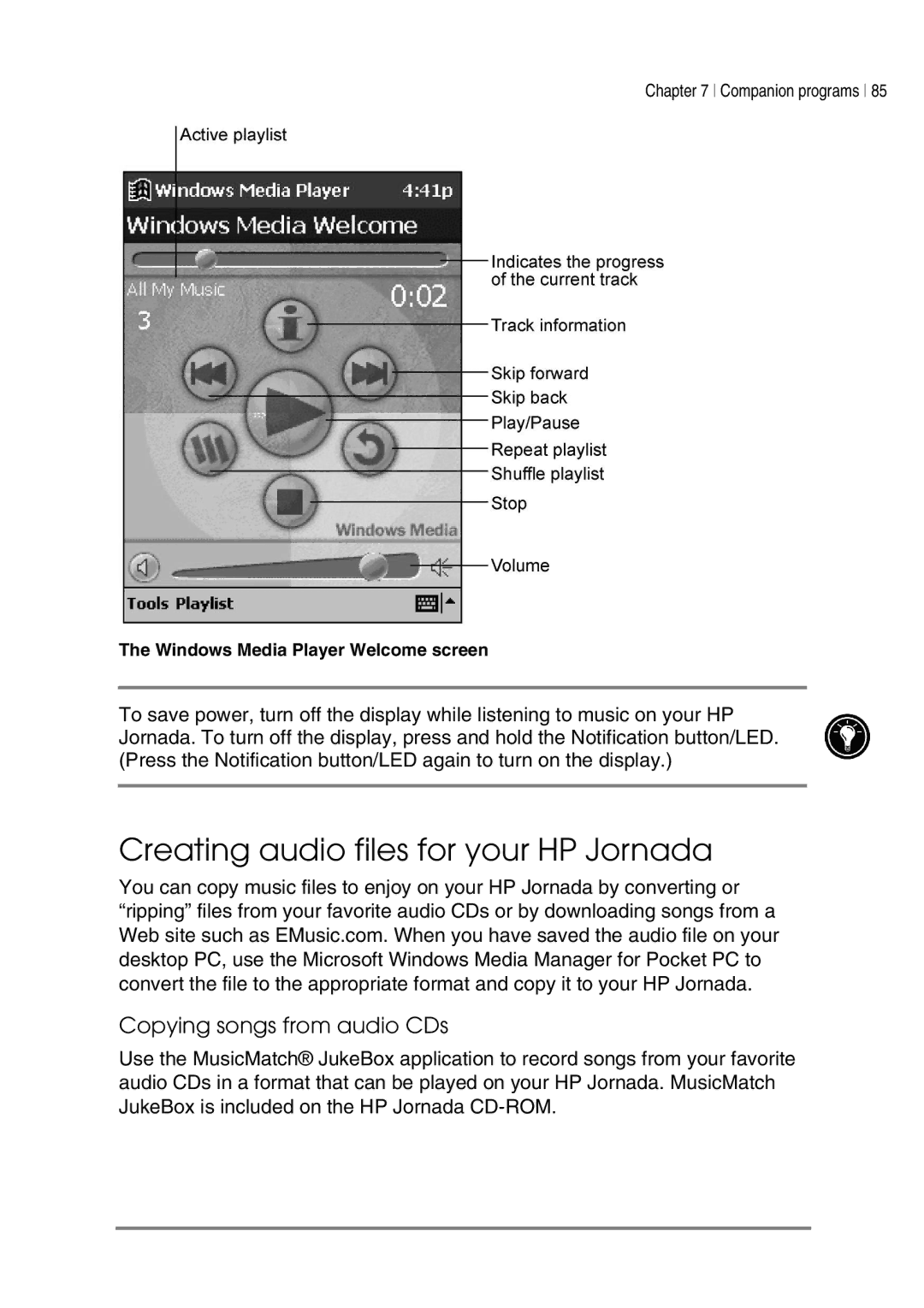 HP 545, 548, 547, 540 manual Creating audio files for your HP Jornada, Copying songs from audio CDs 