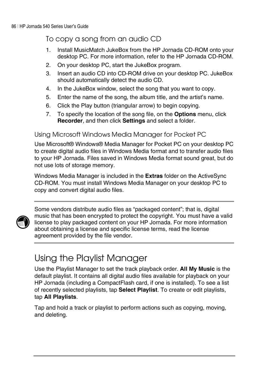 HP 547 Using the Playlist Manager, To copy a song from an audio CD, Using Microsoft Windows Media Manager for Pocket PC 