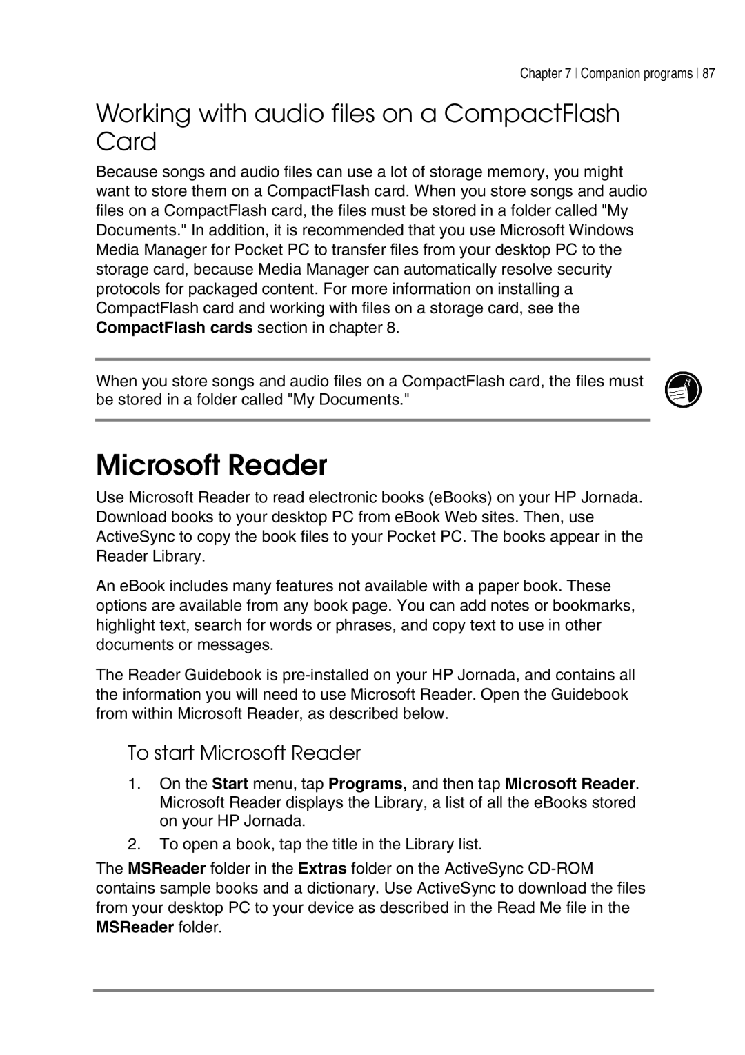 HP 540, 548, 545, 547 manual Working with audio files on a CompactFlash Card, To start Microsoft Reader 