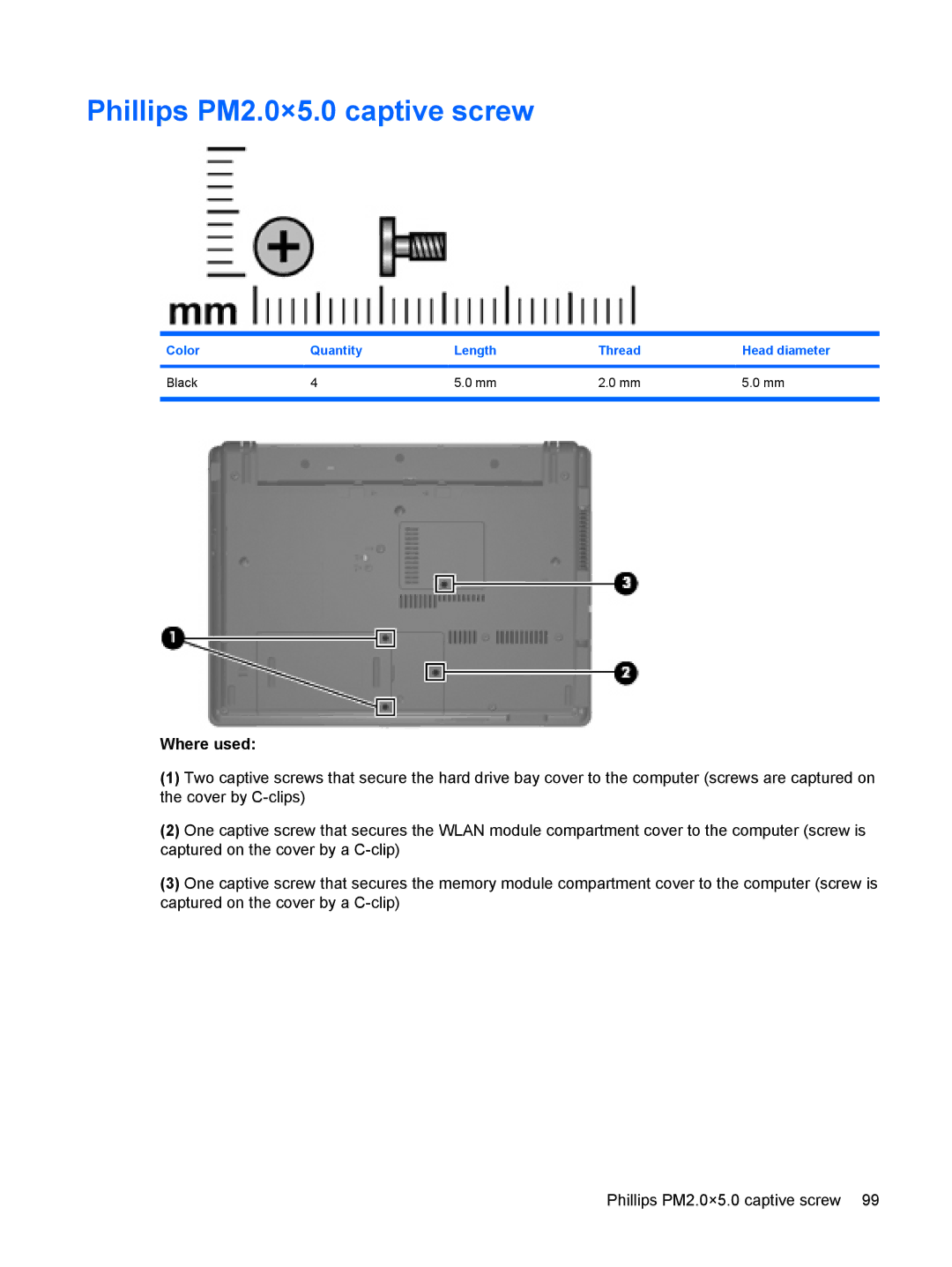 HP 550 manual Phillips PM2.0×5.0 captive screw, Color Quantity Length Thread Head diameter Black 