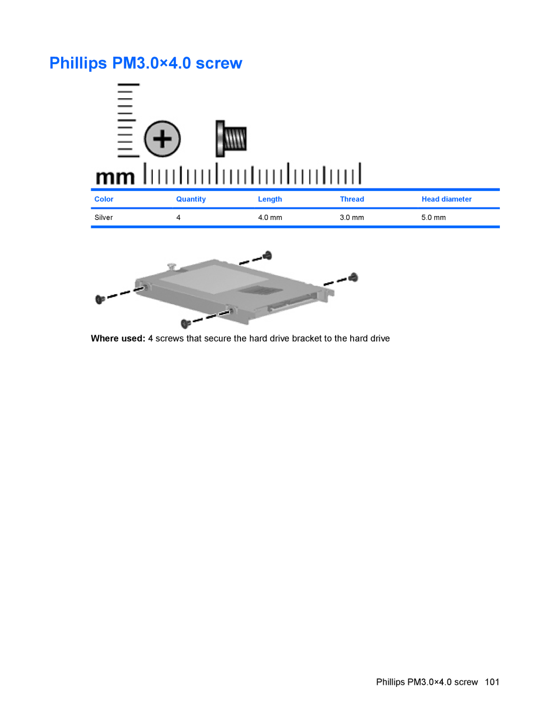 HP 550 manual Phillips PM3.0×4.0 screw, Color Quantity Length Thread Head diameter Silver 