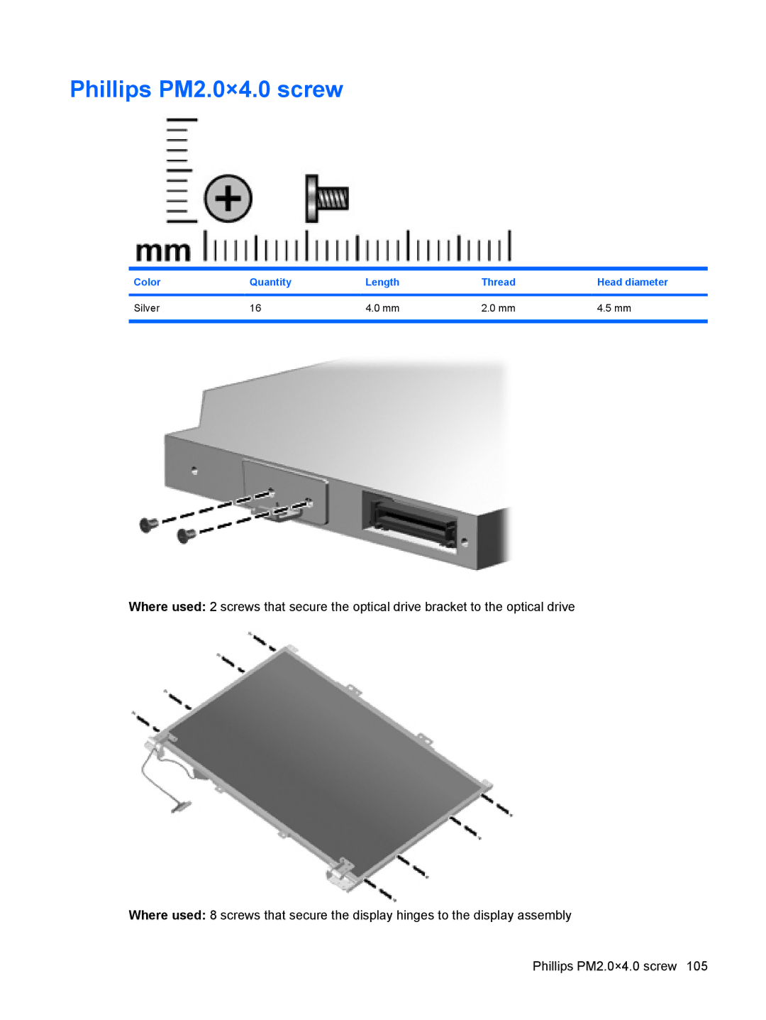 HP 550 manual Phillips PM2.0×4.0 screw, Color Quantity Length Thread Head diameter Silver 